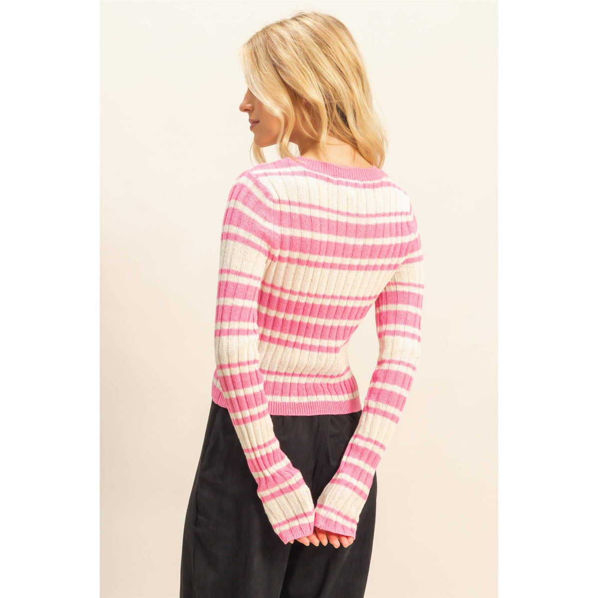 Horizontal Striped Crew Neck Sweater: PINK / S-M-L(2-2-2)
