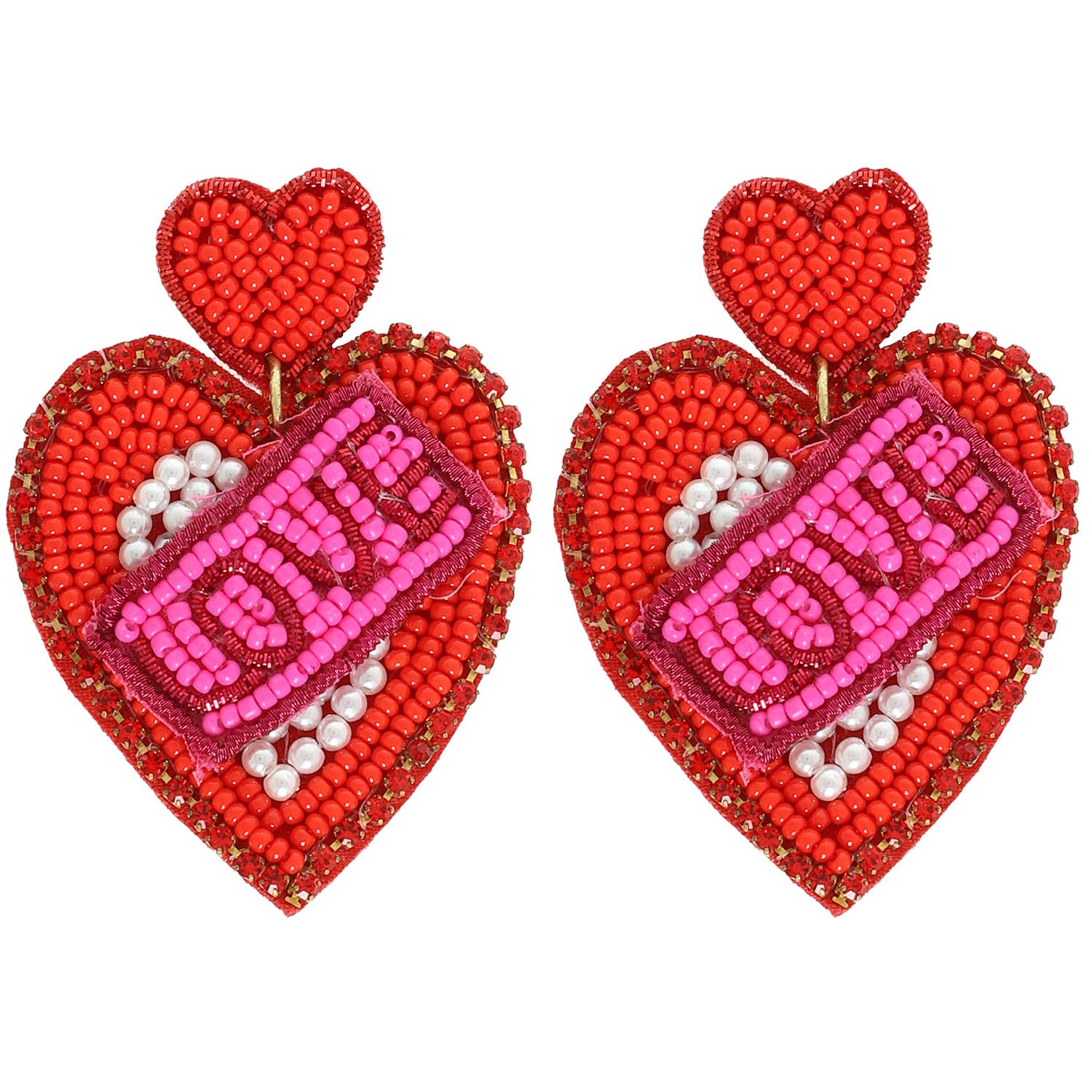 Heart Love Bead Embellished Earrings : Red