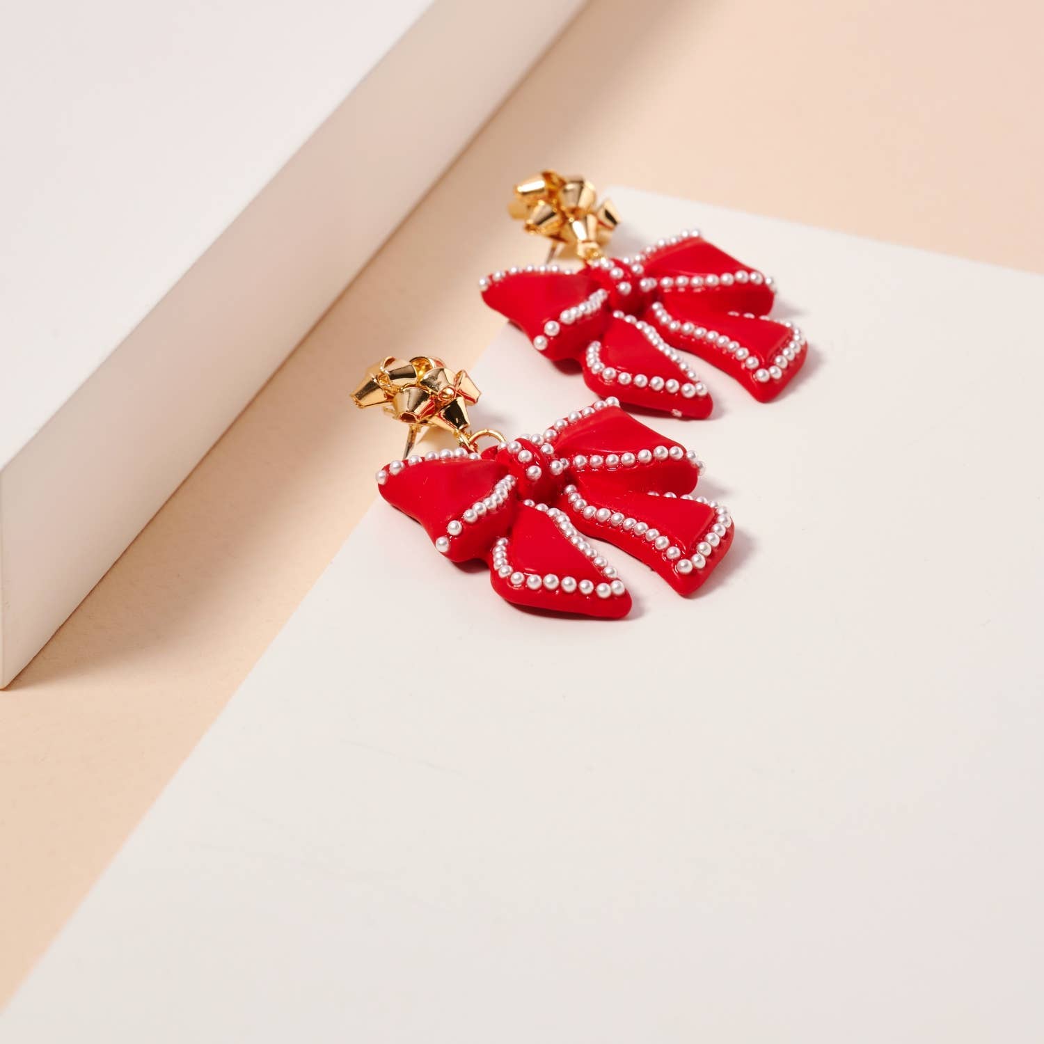 Christmas Bow Enamel Dangling Earrings: Red