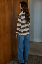Cream/Choc Knit Cotton Jersey Striped Collar Neck Pullover