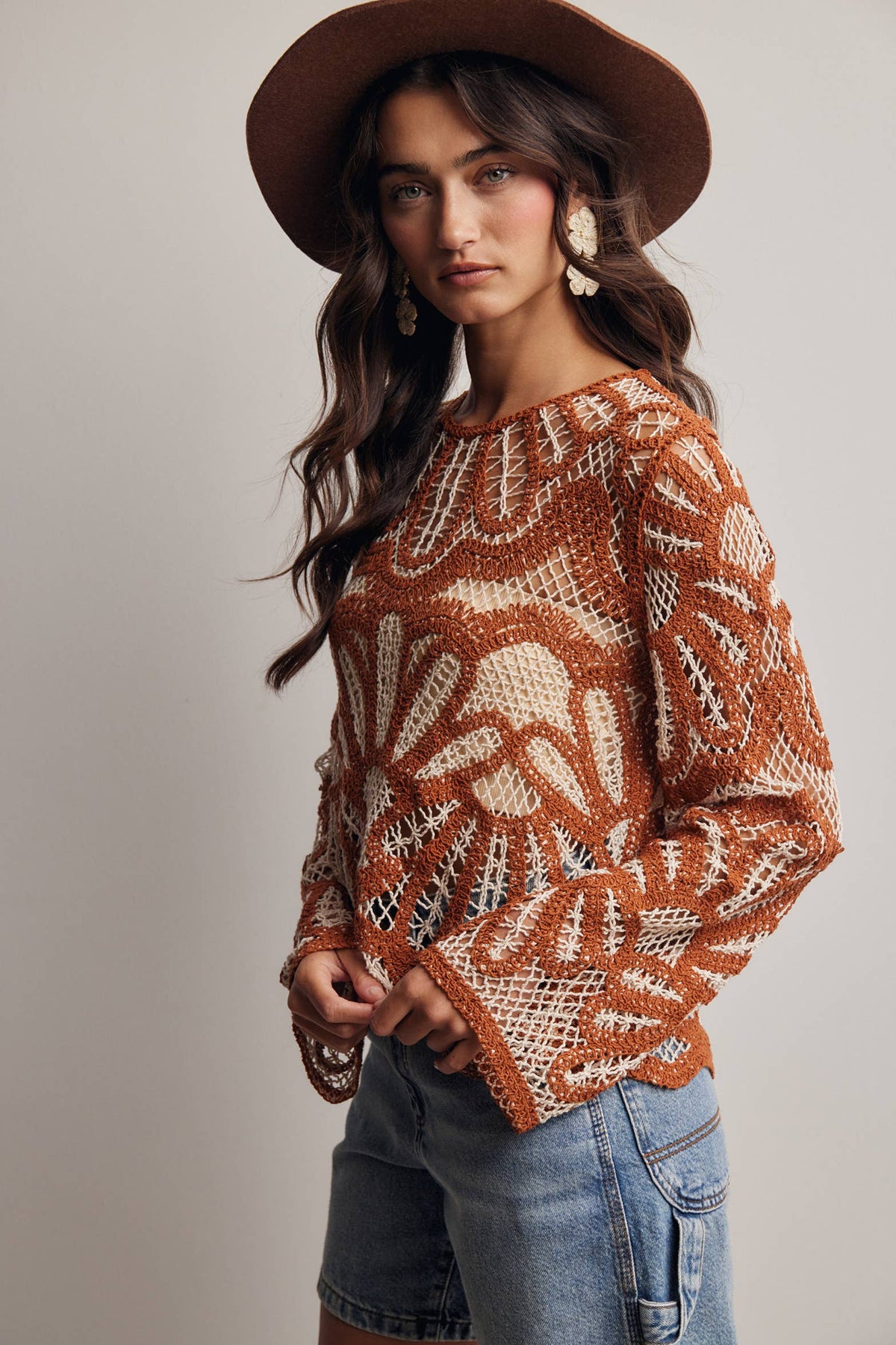 RUST Crochet Floral Pattern Sweater