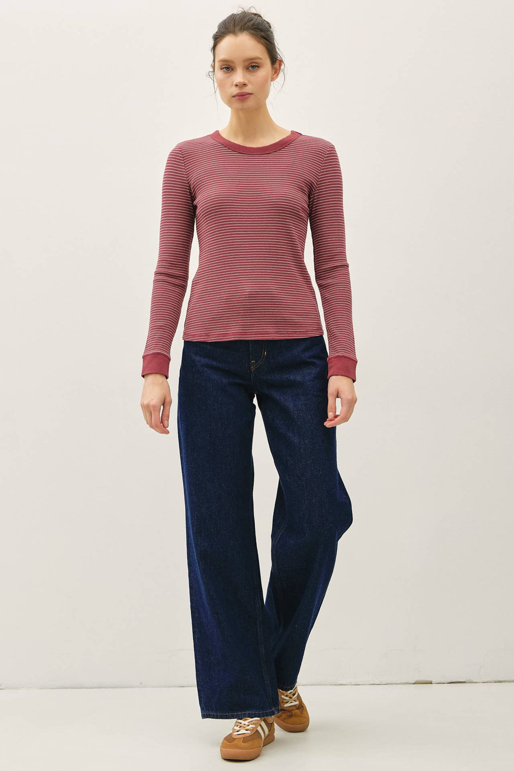 STITCHED THERMAL CREW NECK TOP: OATMEAL