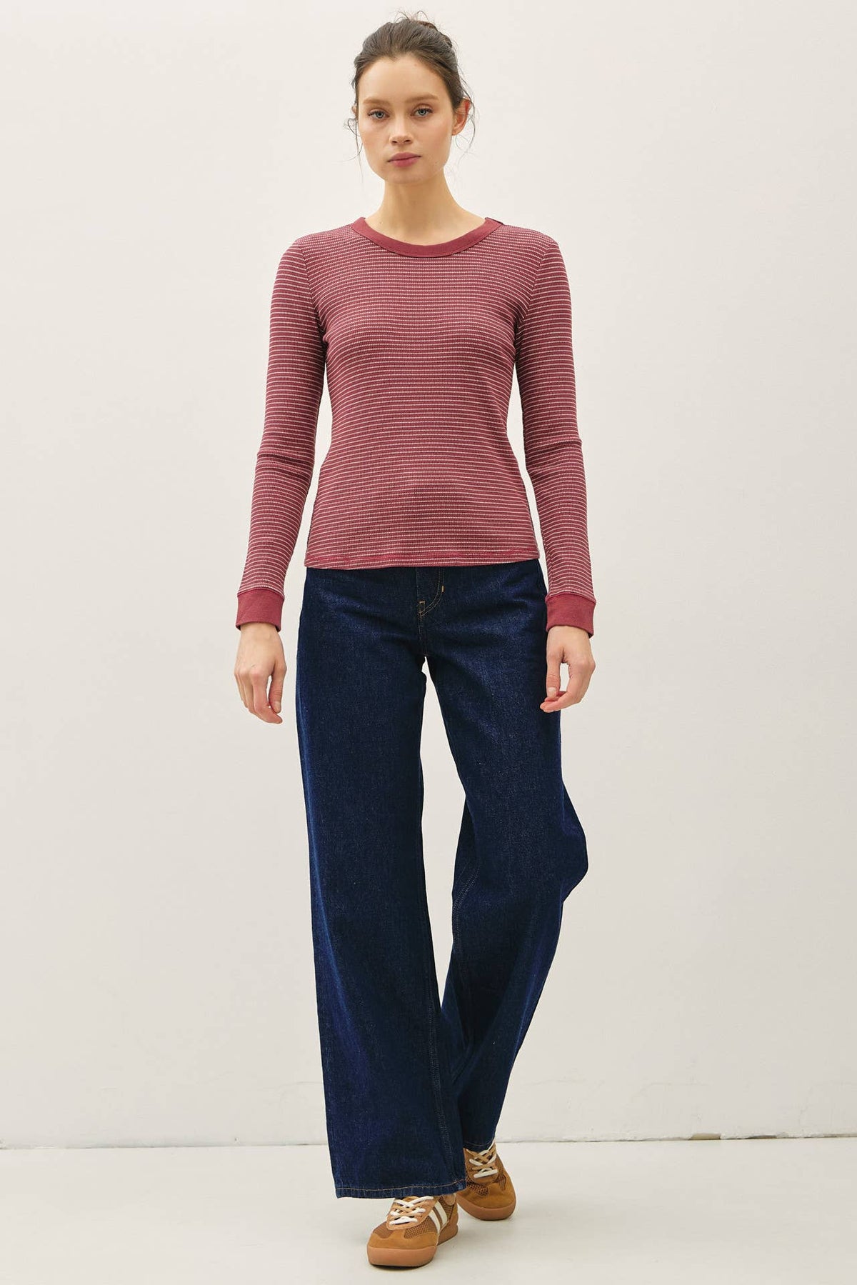 STITCHED THERMAL CREW NECK TOP: OATMEAL