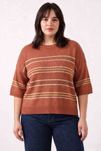 [PLUS] RUST OVER SIZED DROP SHOULDER STRIPED SWEATER