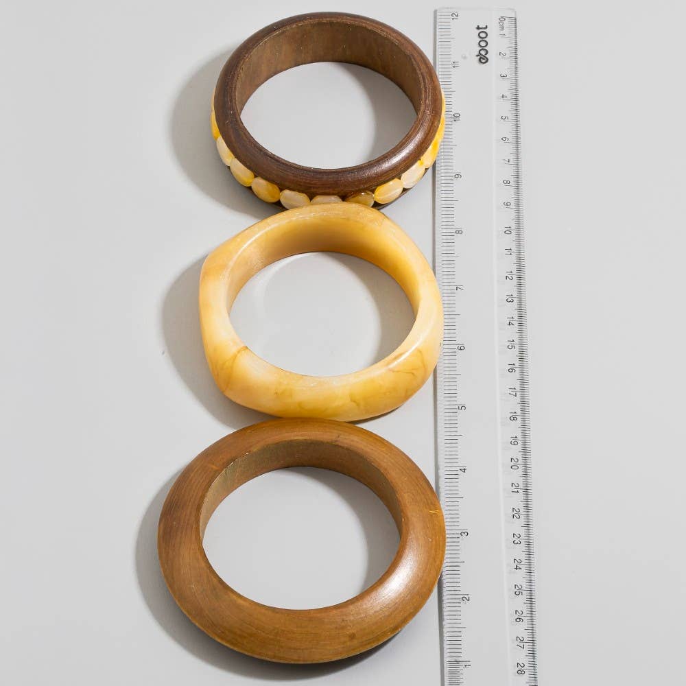 Wood And Resin Mixed Bangle Bracelet Set: BRN