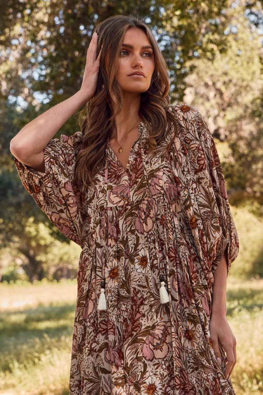 Bohemian Floral Maxi Dress: Beige Multi