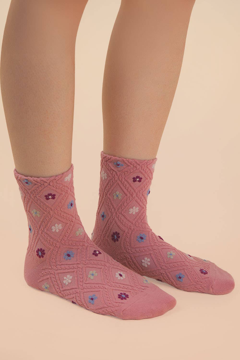 Floral Printed Textures Crew Socks: CREAM