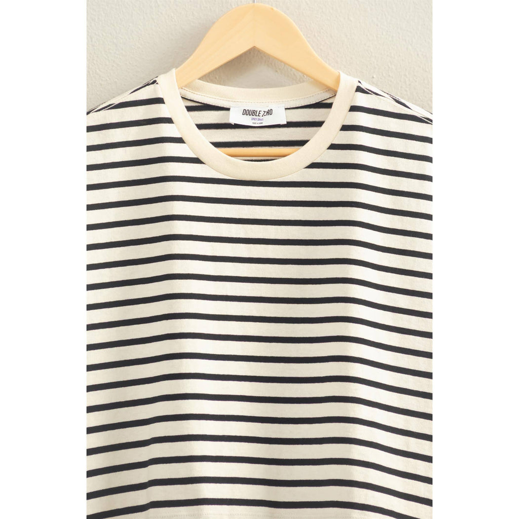 BLACK Striped Oversized Short Sleeve Cropped Tee