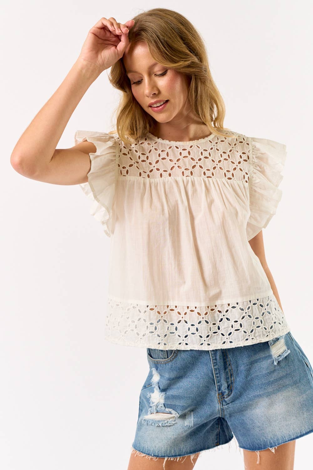 Off White Embroidered Top With Ruffled Sleeves