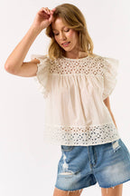 Off White Embroidered Top With Ruffled Sleeves