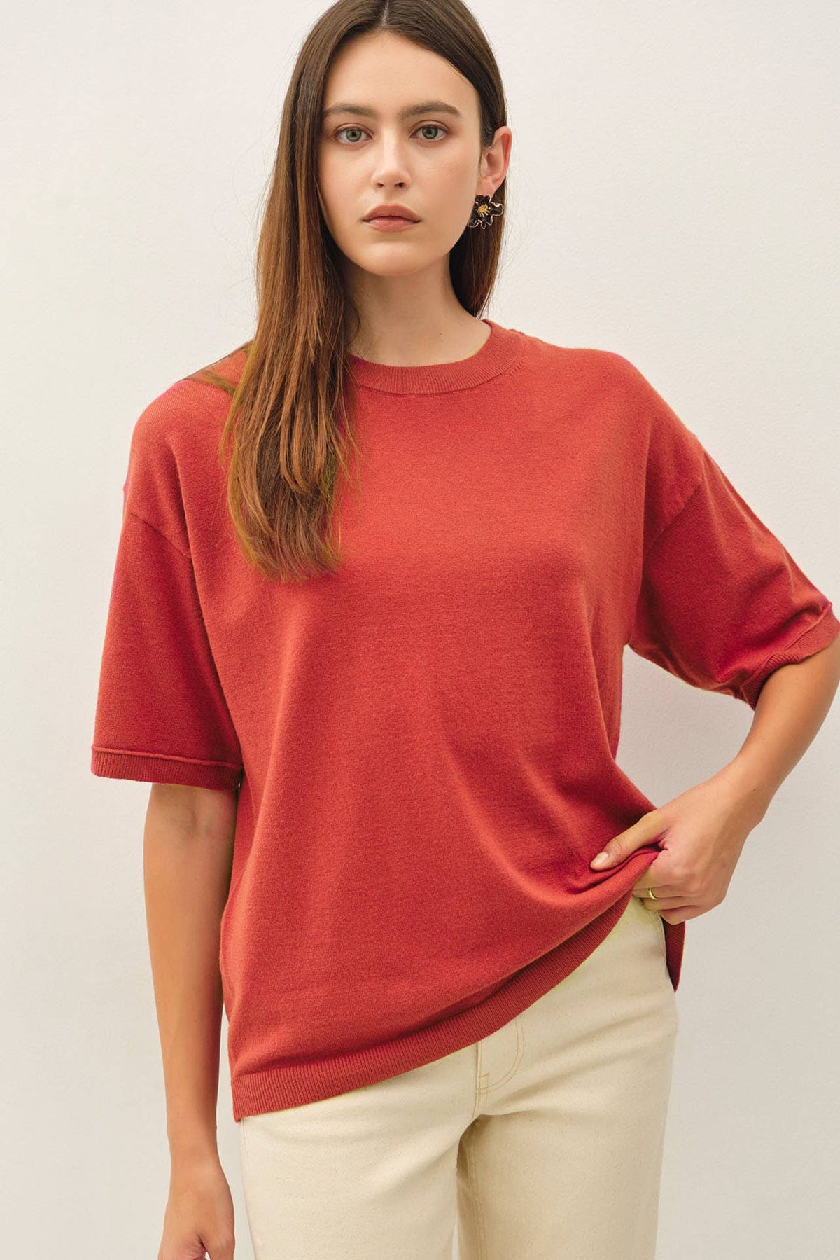 POPPY BOXY FIT HALF SLEEVE CREWNECK SWEATER
