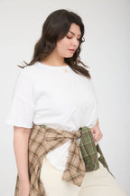 PLUS ROUND NECK SHORT SLEEVE EXPOSED SEAM KNIT TOP: WHITE