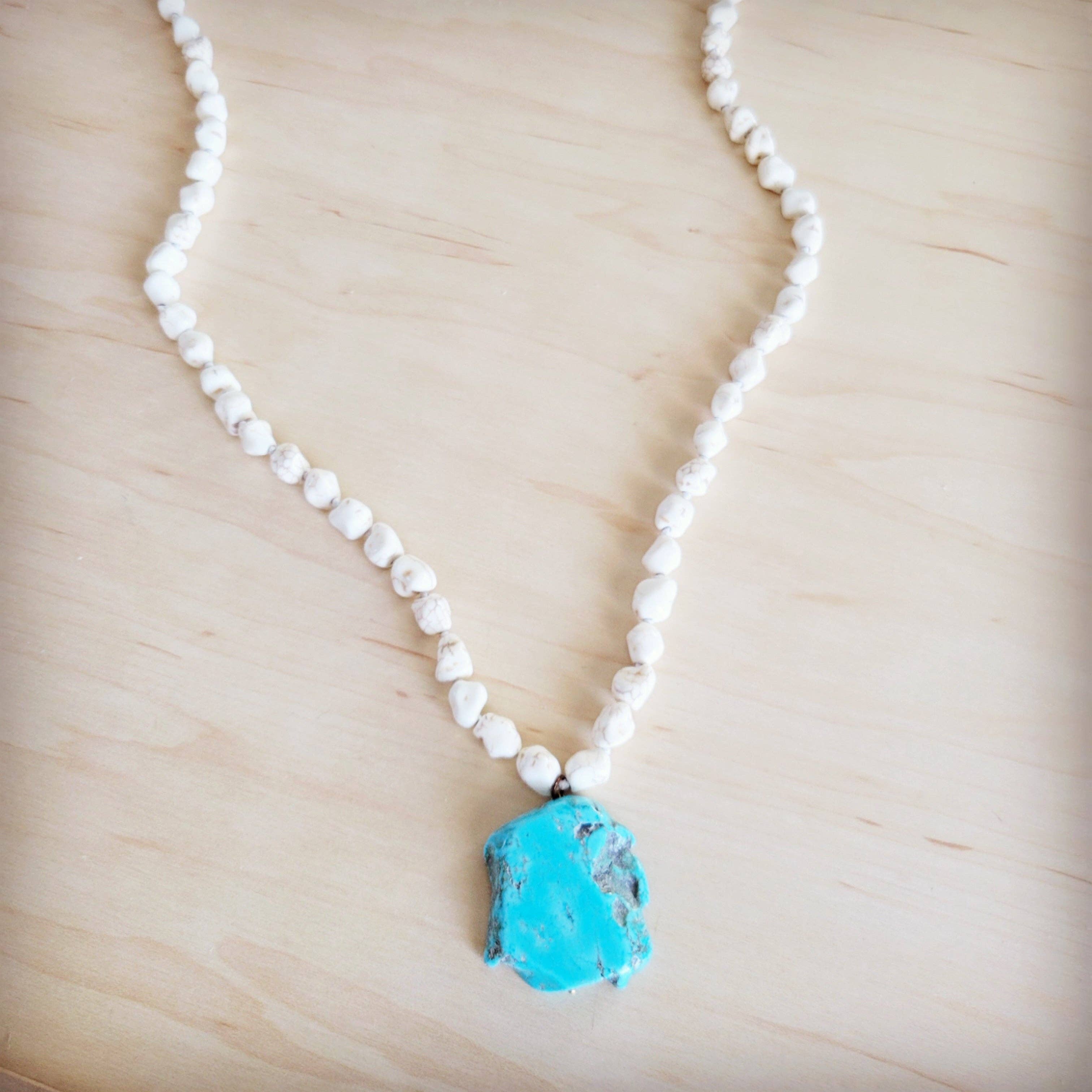 Long White Turquoise Beaded Necklace w/ Turquoise Pendant 263d