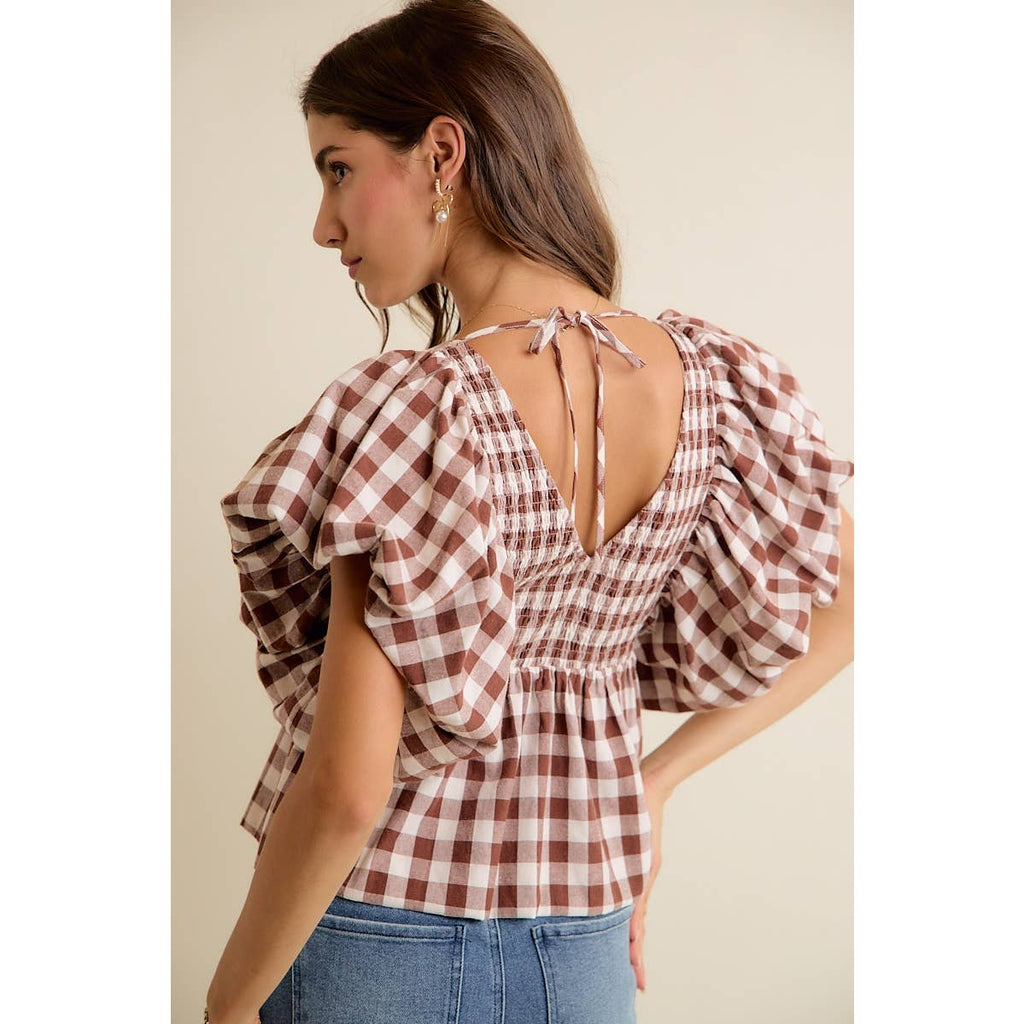 BROWN GINGHAM BUBBLE SLEEVES BACK SMOCKED BLOUSE TOP