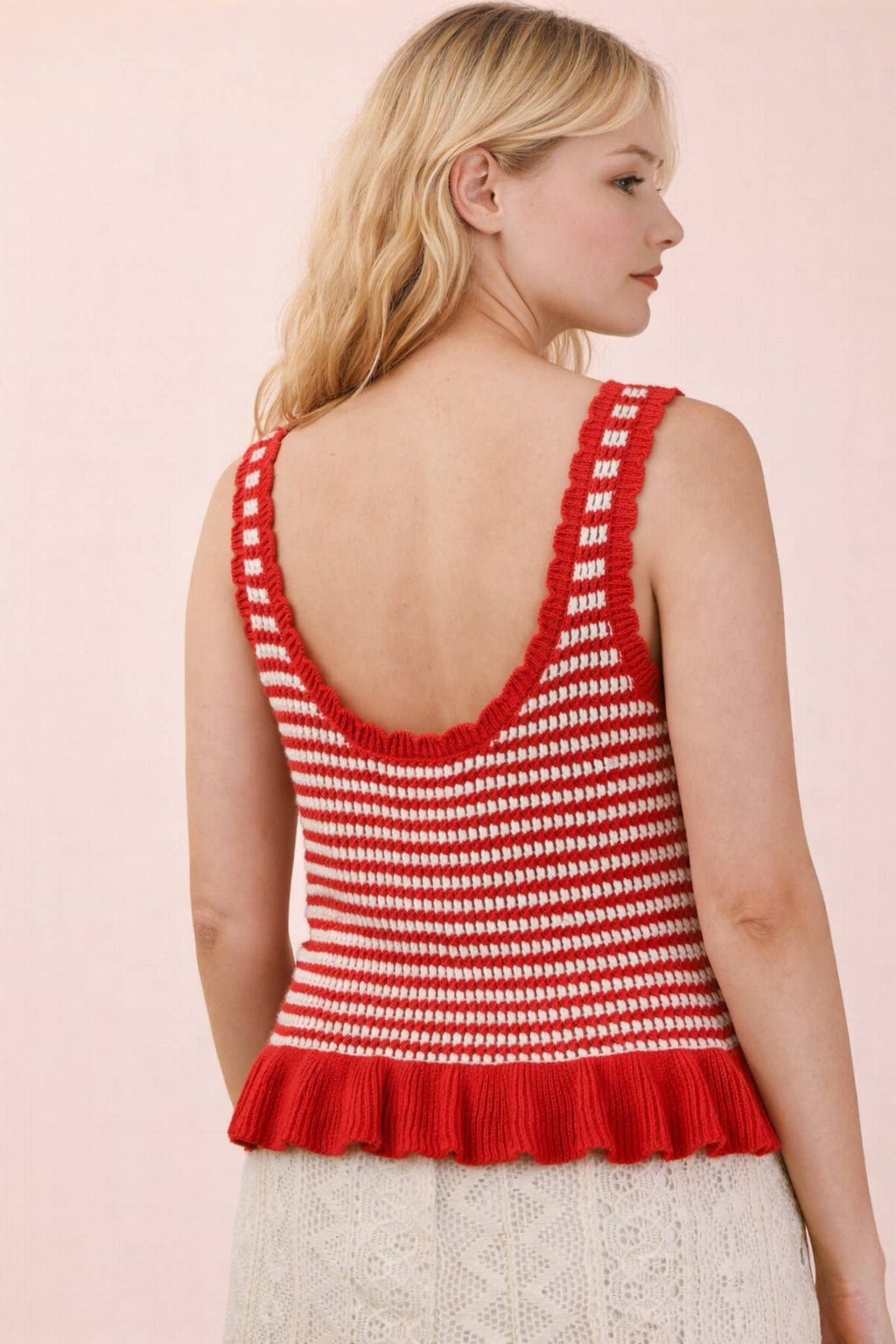 Red Ruffle Hem Stripe Sleeveless Knit Sweater Top