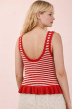 Red Ruffle Hem Stripe Sleeveless Knit Sweater Top