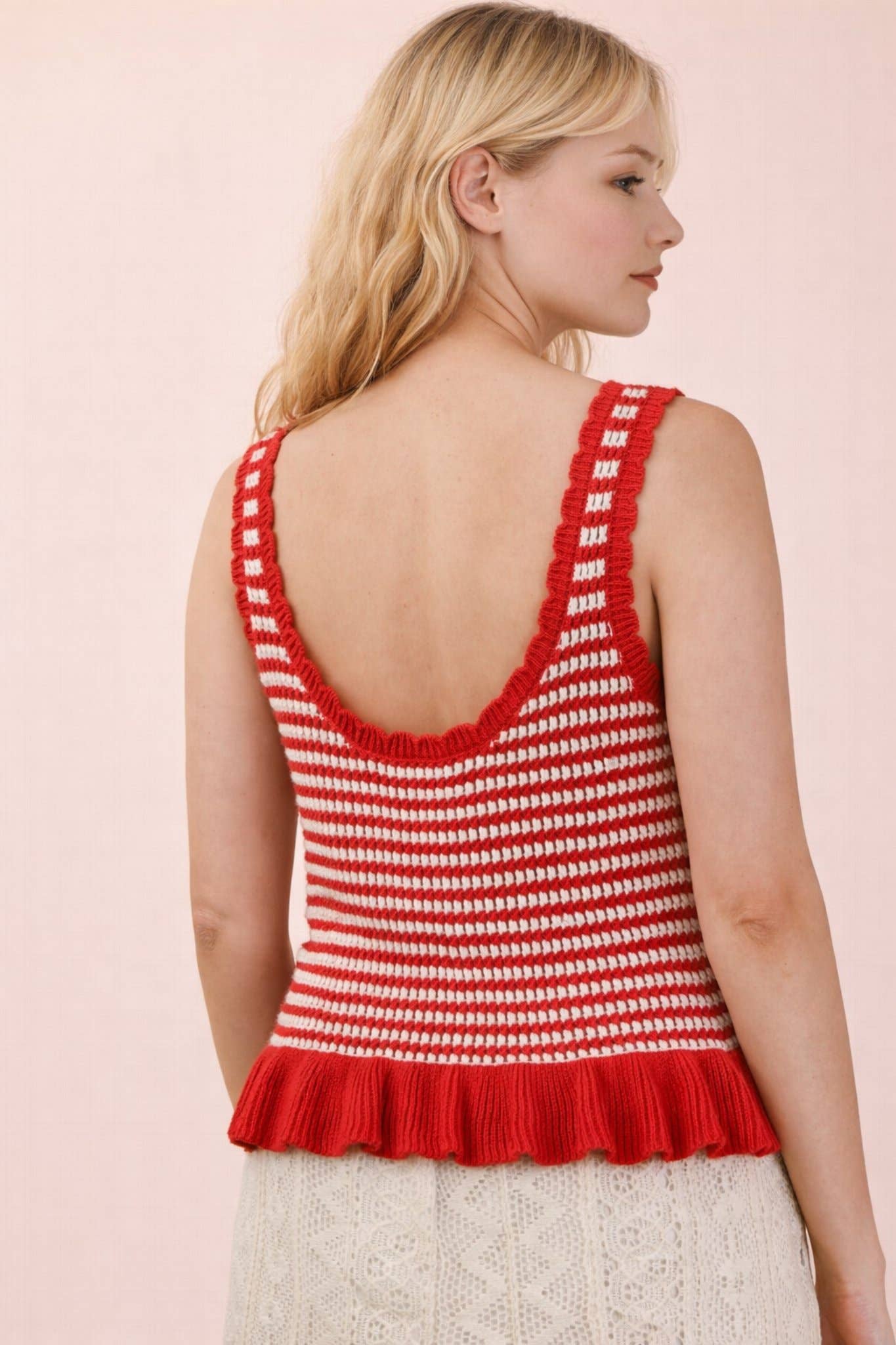 Red Ruffle Hem Stripe Sleeveless Knit Sweater Top