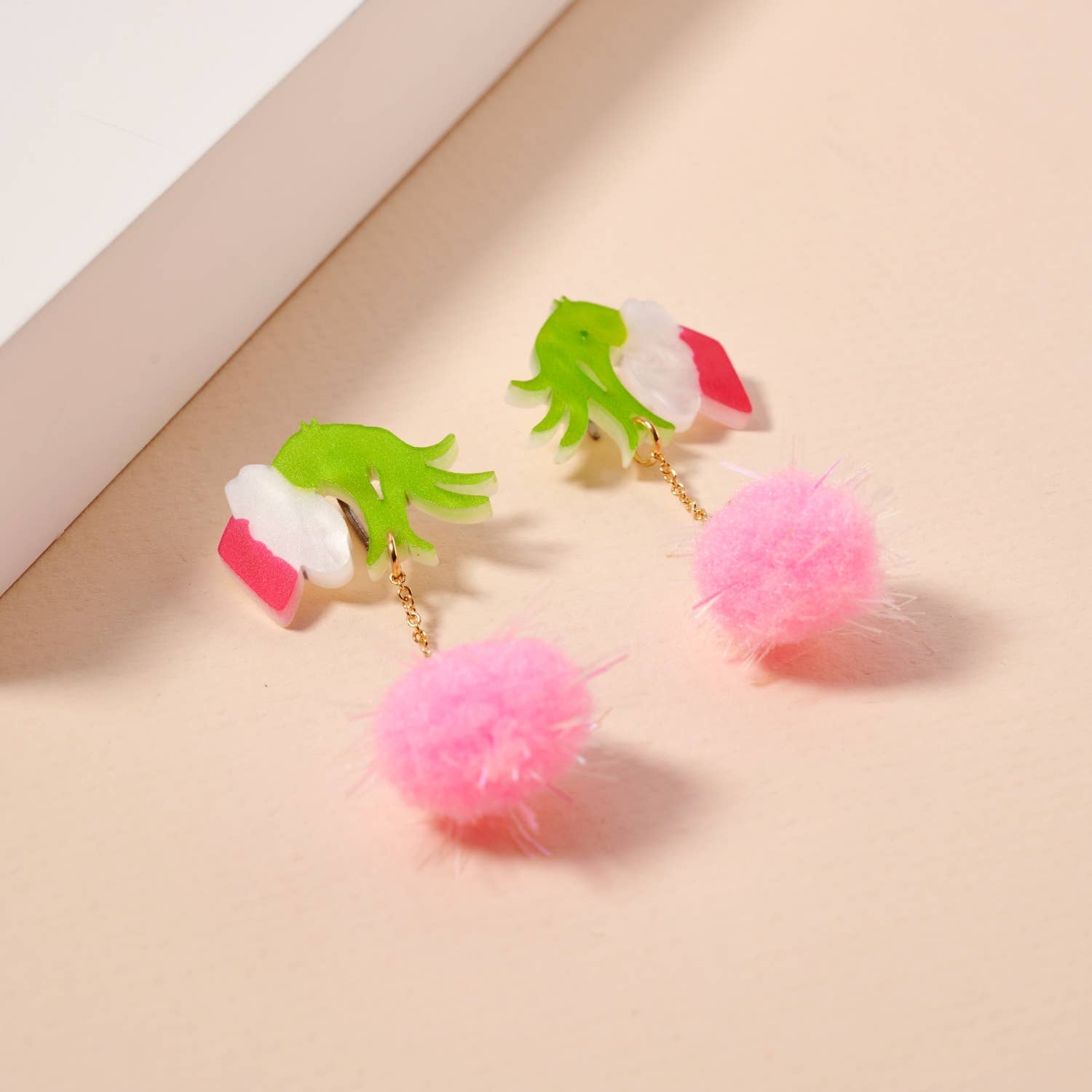Christmas Green Monster Hand & Pom-Pom Dangling Earrings: Pink / One / 4SE31114