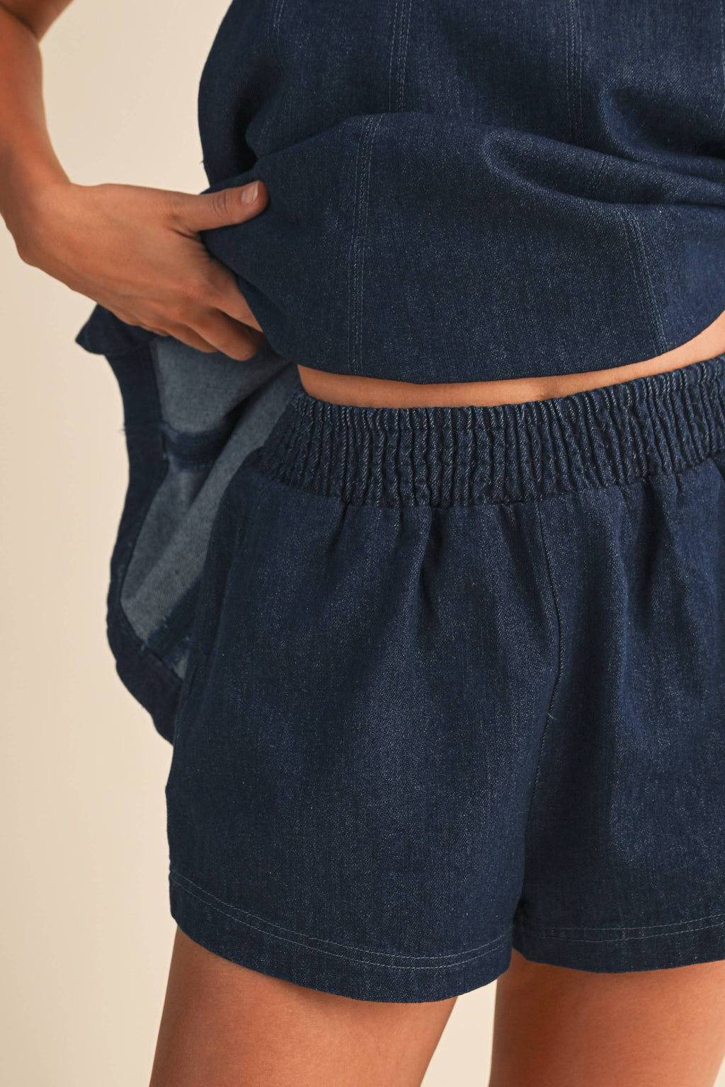 DENIM LONGLINE SLEEVELESS TOP AND SHORTS SET