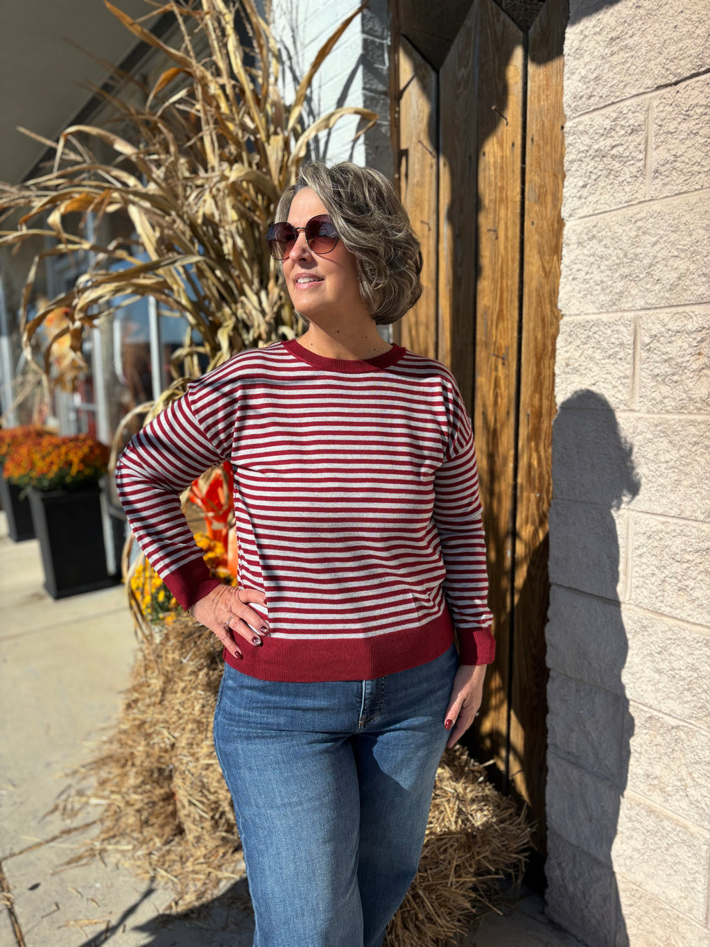 BURGUNDY/GREY STRIPED LONG SLEEVE SWEATER TOP