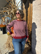 BURGUNDY/GREY STRIPED LONG SLEEVE SWEATER TOP