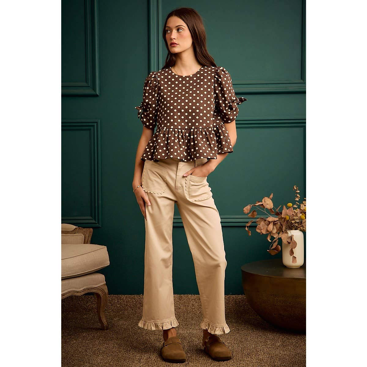 BROWN/IVORY POLKA DOT BOW DETAIL SHORT SLEEVES PEPLUM TOP