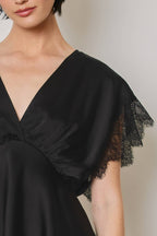 Satin Lace V Neck Blouson Top: BLACK