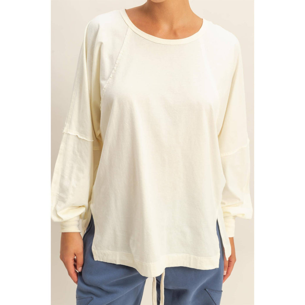 Washed Oversized Long Sleeve Top With Slit: CREAM