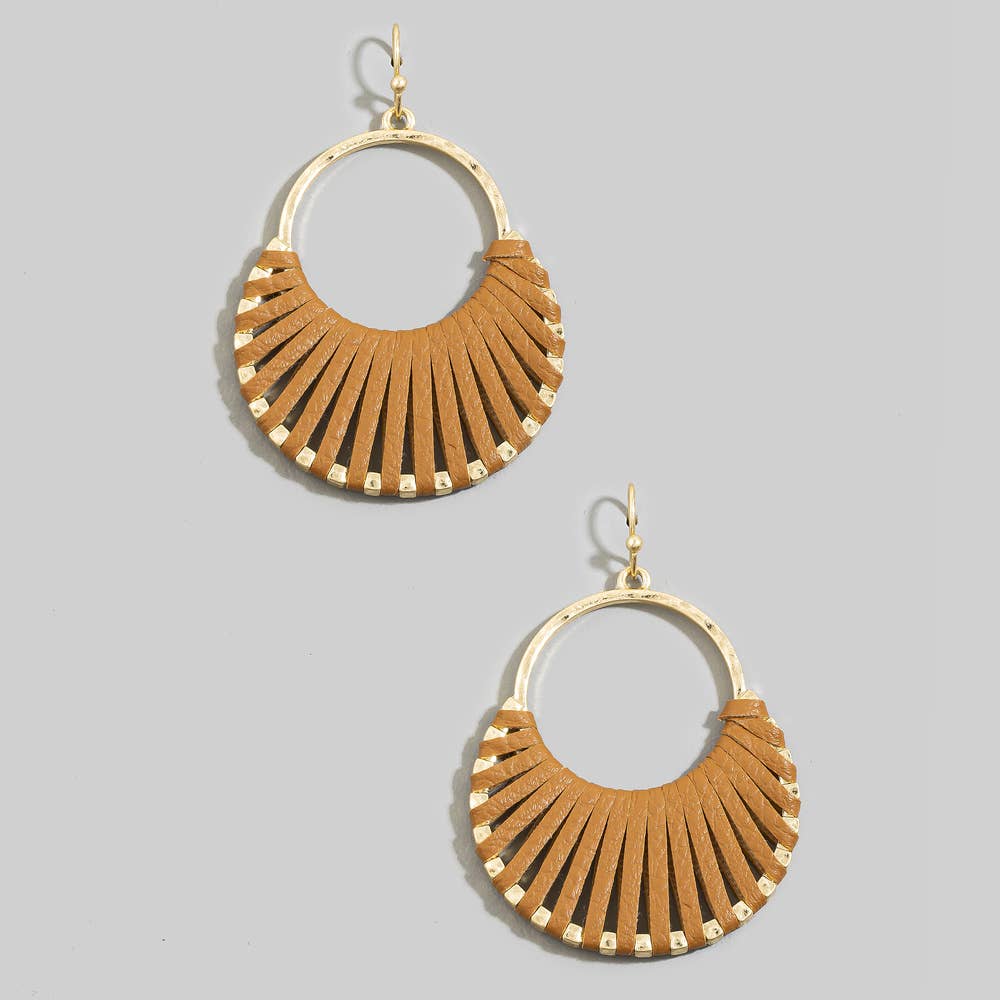 BRown Vegan Leather Woven Fan Hoop Dangle Earrings