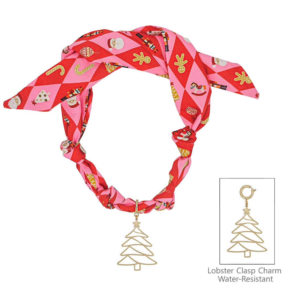 Christmas Printed Silk Knotted Scarf Necklace with Gold Christmas Tree Removable Charm