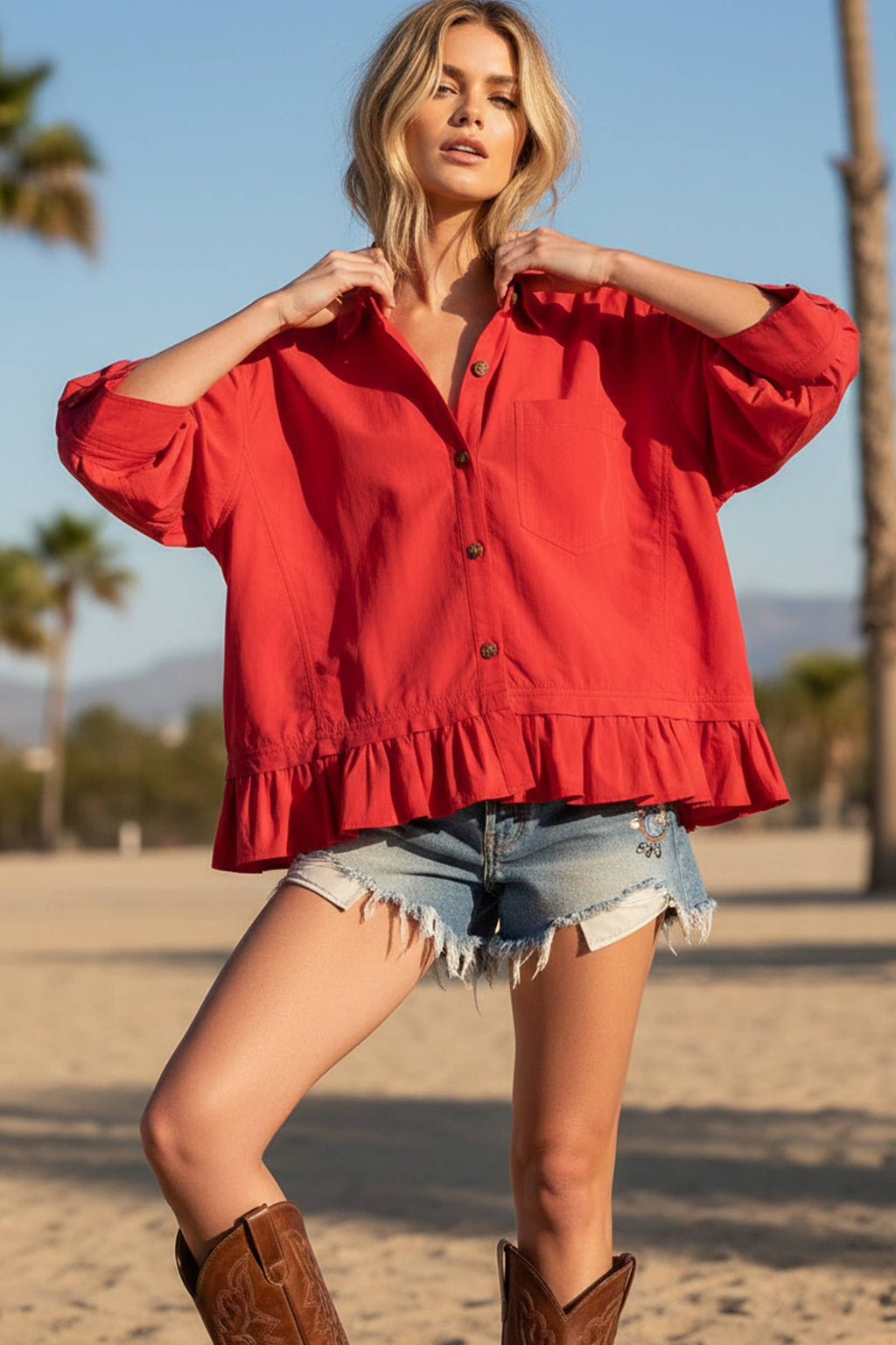 Red Ruffle Hem Button Front Poplin Top