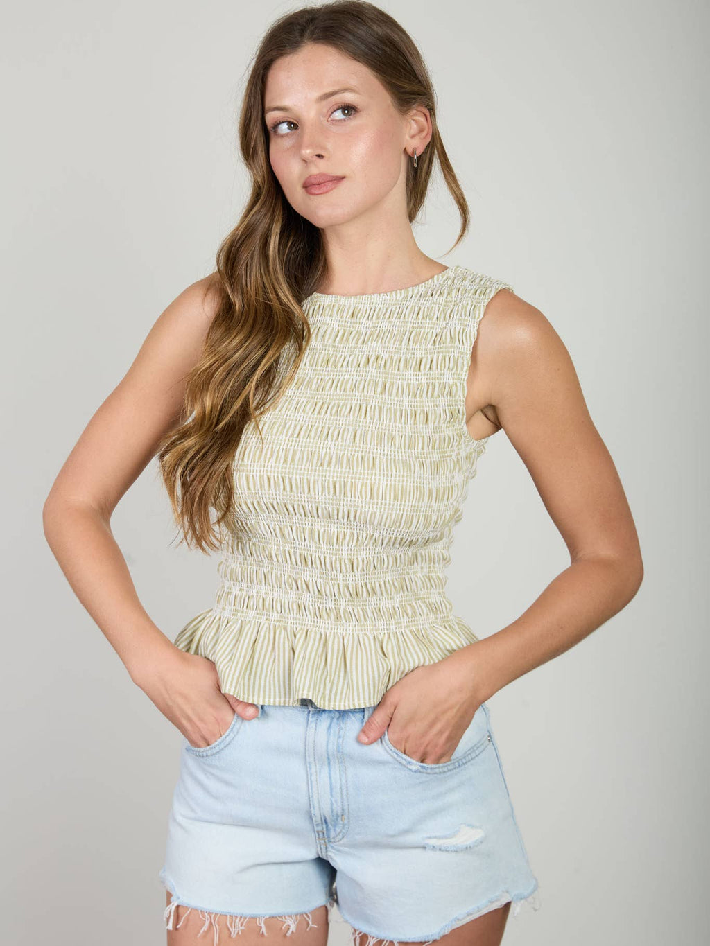 Light Olive Stripe Sleeveless Smocked Blouse
