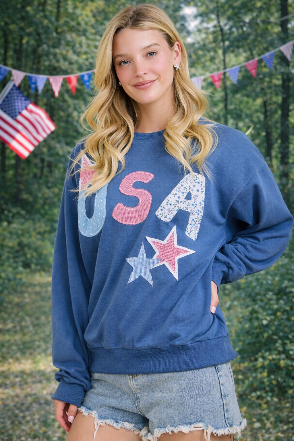 USA Patchwork Star Graphic Sweatshirt: NAVY