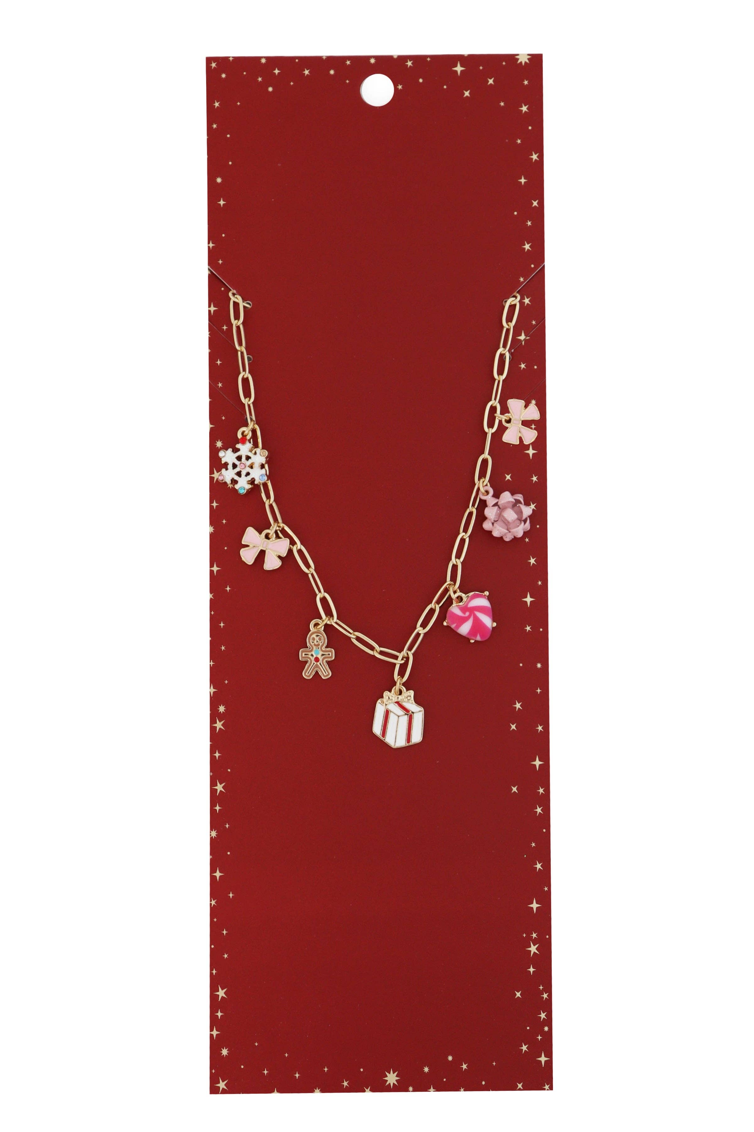 Pink Christmas Gift, Bow, Gingerbread Man Charm 16"-18" Necklace