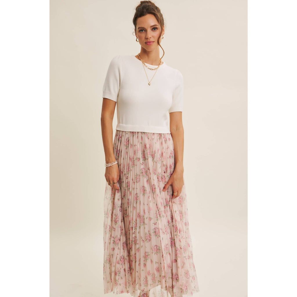 FIELD OF PLEATED WILDFLOWERS SWEATER TWOFER MIDI DRESS: PINK/LILAC