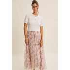FIELD OF PLEATED WILDFLOWERS SWEATER TWOFER MIDI DRESS: PINK/LILAC