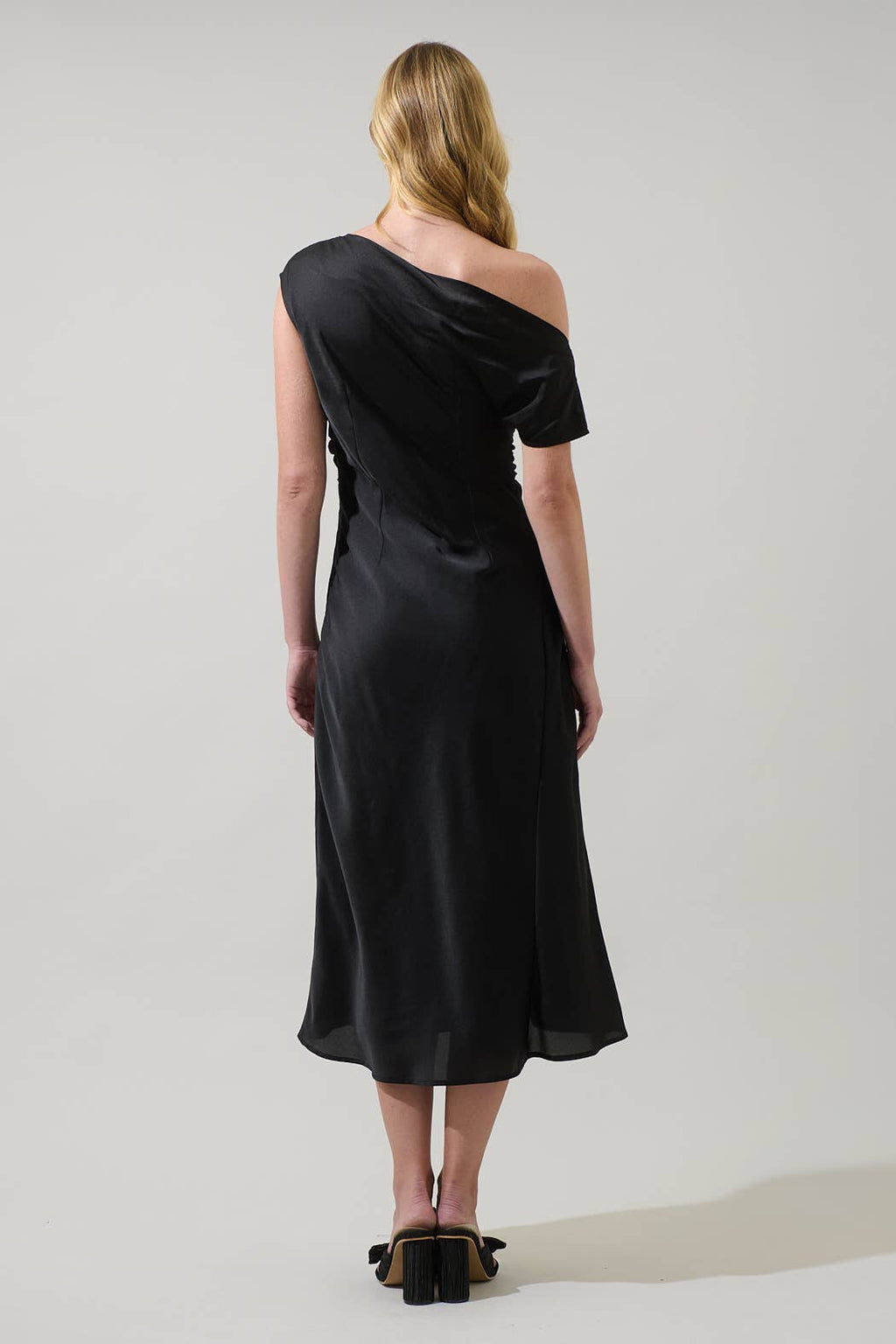Rizzo Satin Off The Shoulder Midi Dress: Black