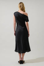 Rizzo Satin Off The Shoulder Midi Dress: Black