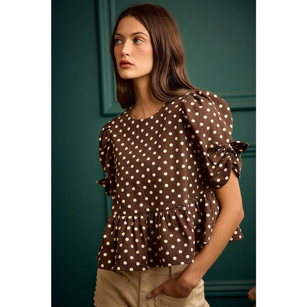 BROWN/IVORY POLKA DOT BOW DETAIL SHORT SLEEVES PEPLUM TOP