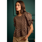 BROWN/IVORY POLKA DOT BOW DETAIL SHORT SLEEVES PEPLUM TOP