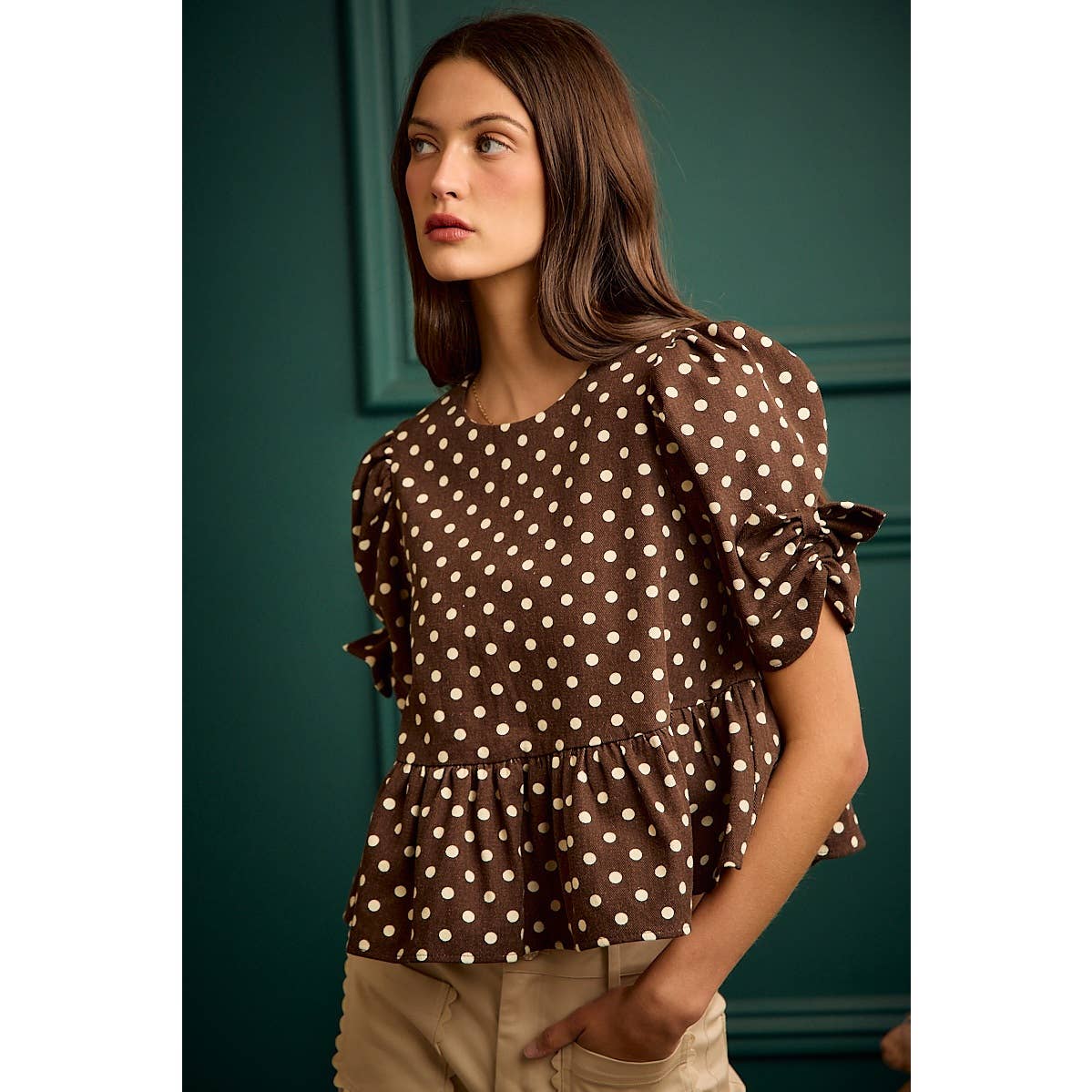 BROWN/IVORY POLKA DOT BOW DETAIL SHORT SLEEVES PEPLUM TOP