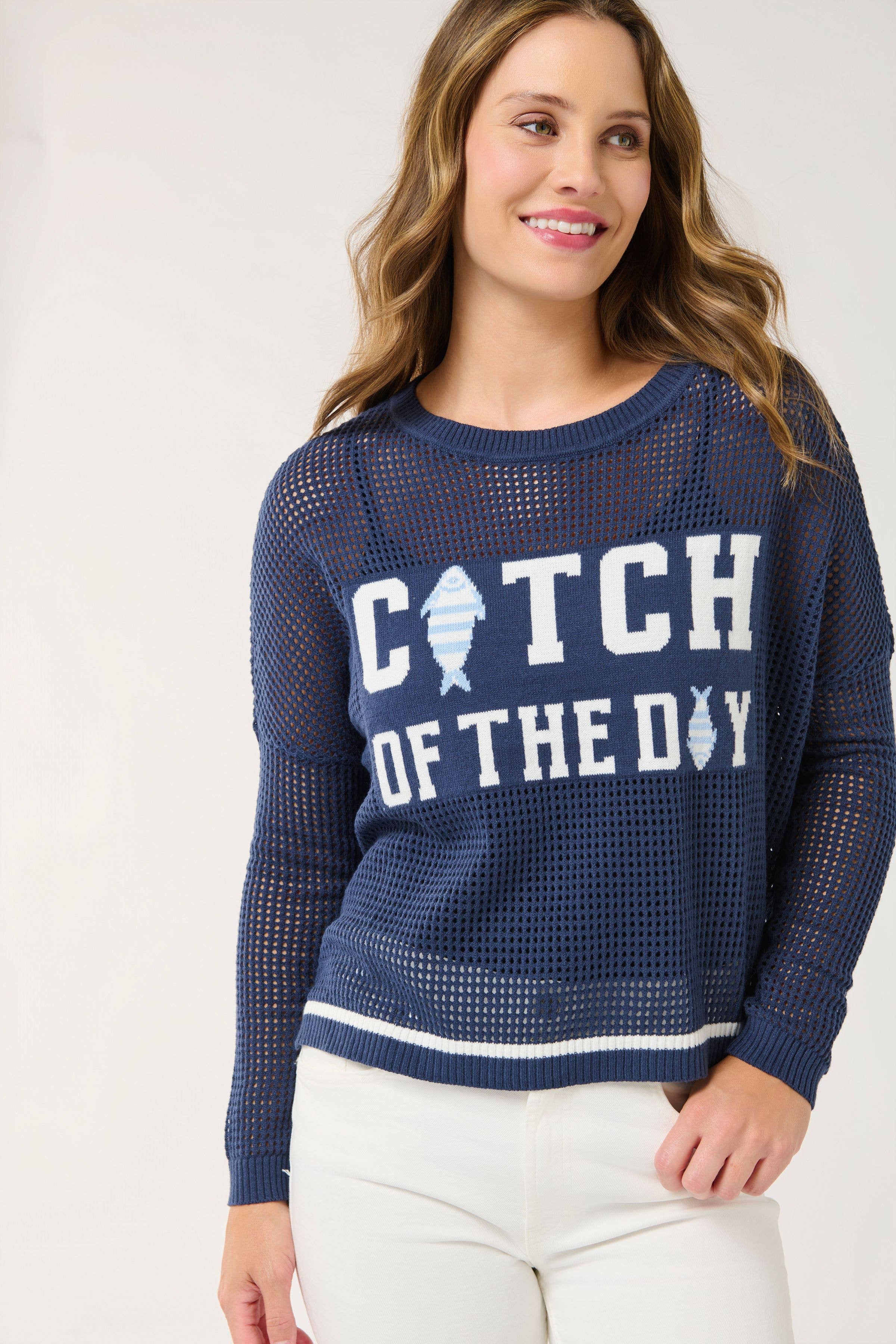 "CATCH OF THE DAY" MESH SWEATER