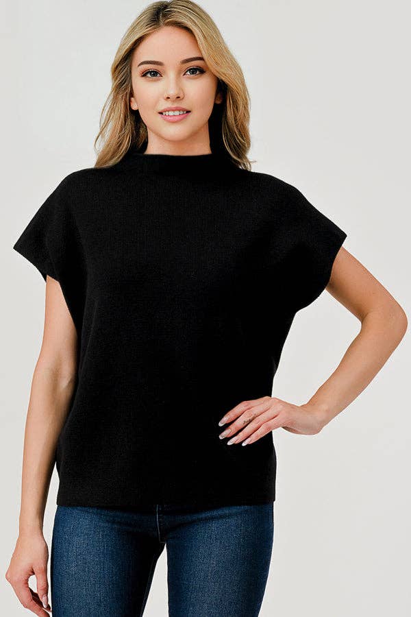 BLACK Mock Neck Short Sleeve Soft Sweater Vest Top – Pixi + Ivy – view 3