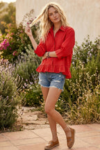 Red Ruffle Hem Button Front Poplin Top