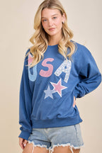 USA Patchwork Star Graphic Sweatshirt: NAVY