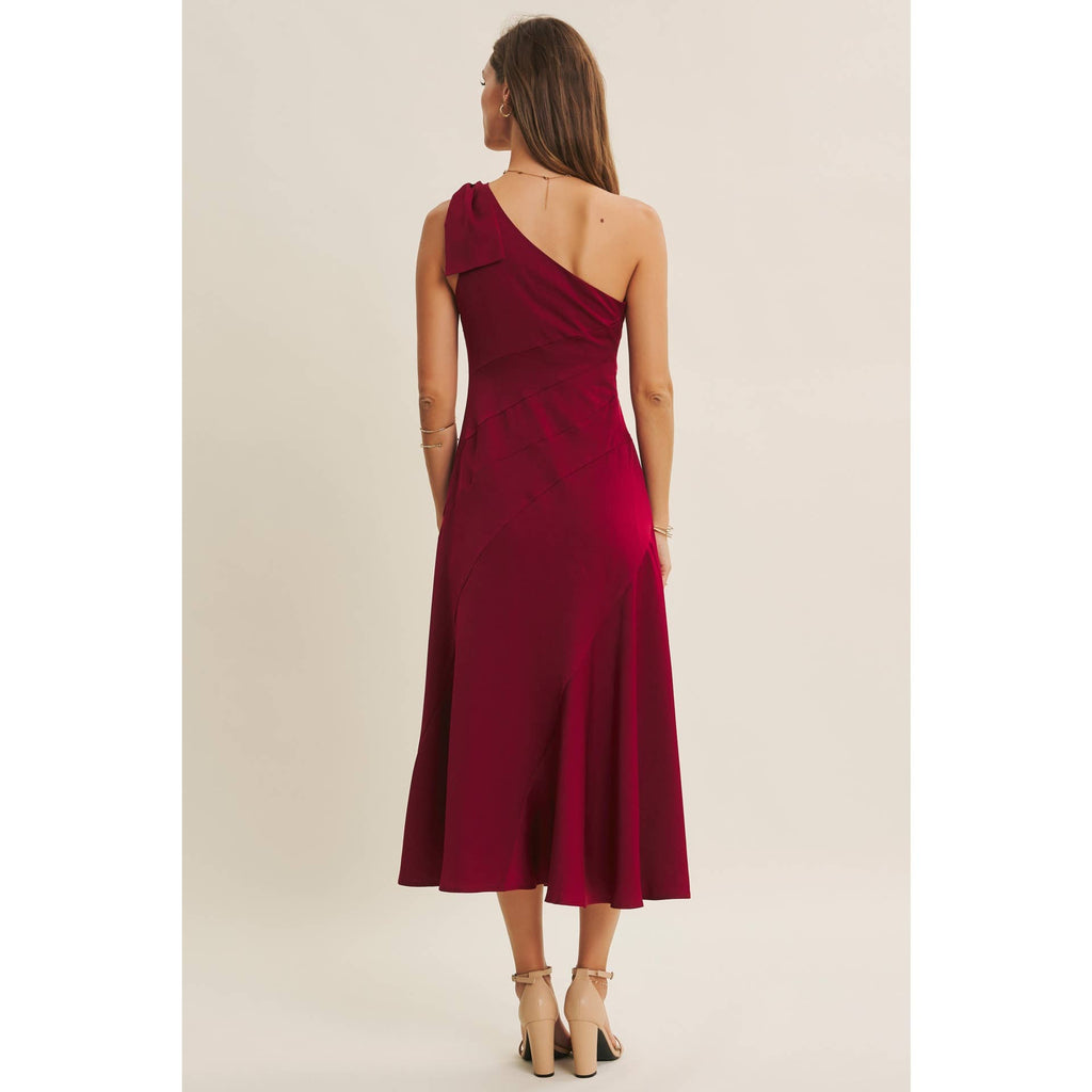BURGUNDY HOLIDAY GLAM ONE-SHOULDER MIDI DRESS WITH SLANTED SEAMWORK