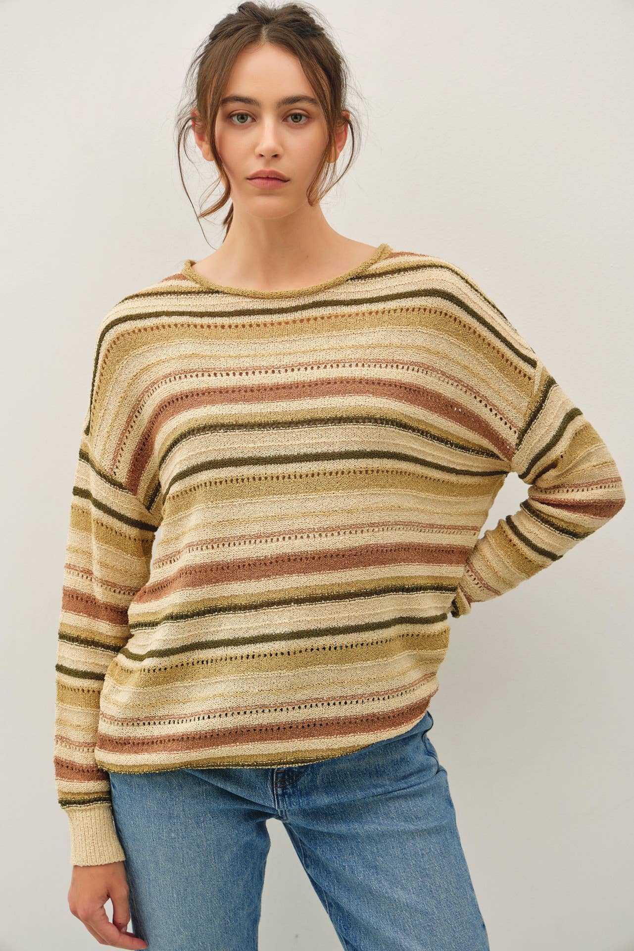 AVACADO BREEZY KNIT MULTI STRIPED LONG SLEEVE SWEATER