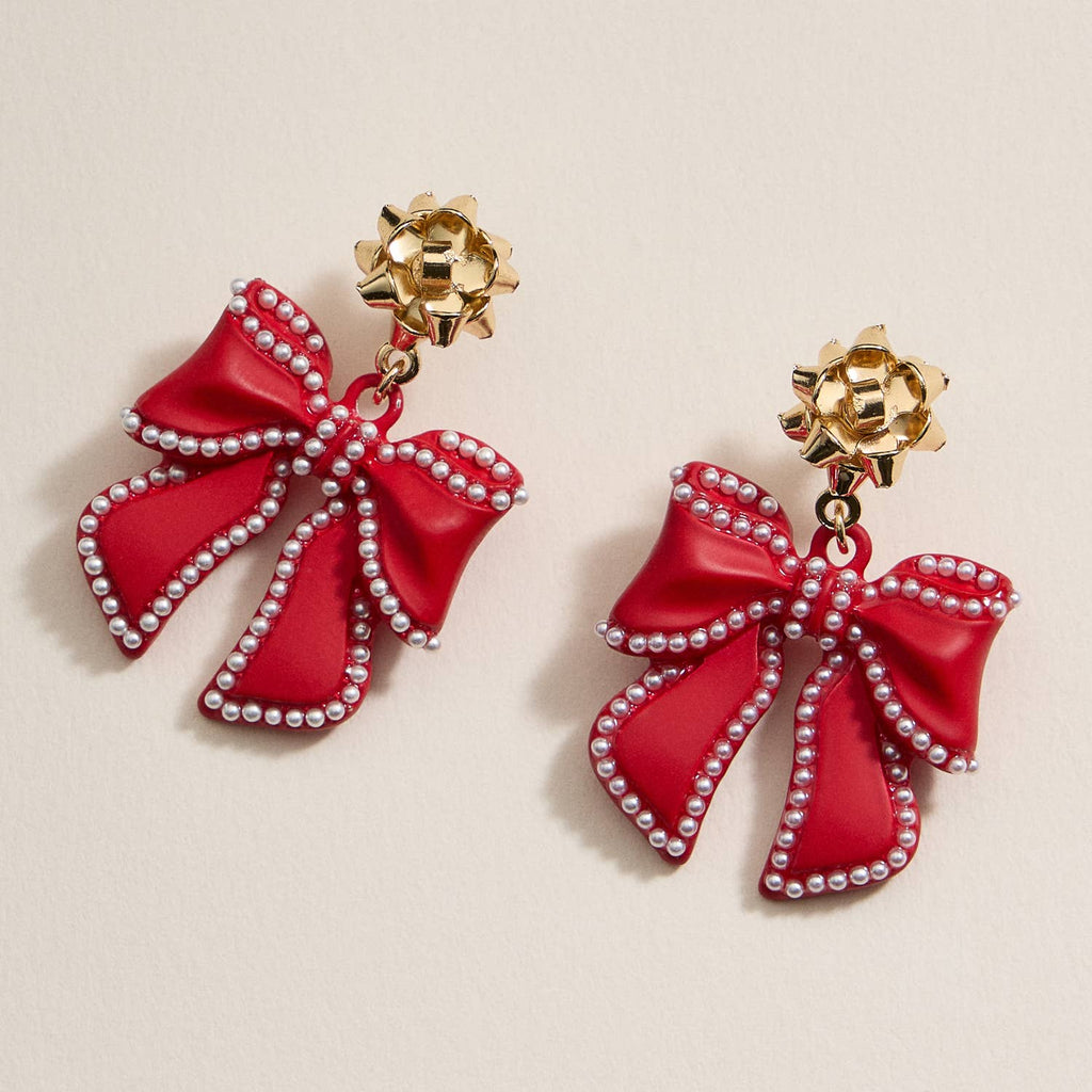 Christmas Bow Enamel Dangling Earrings: Red