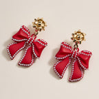 Christmas Bow Enamel Dangling Earrings: Red