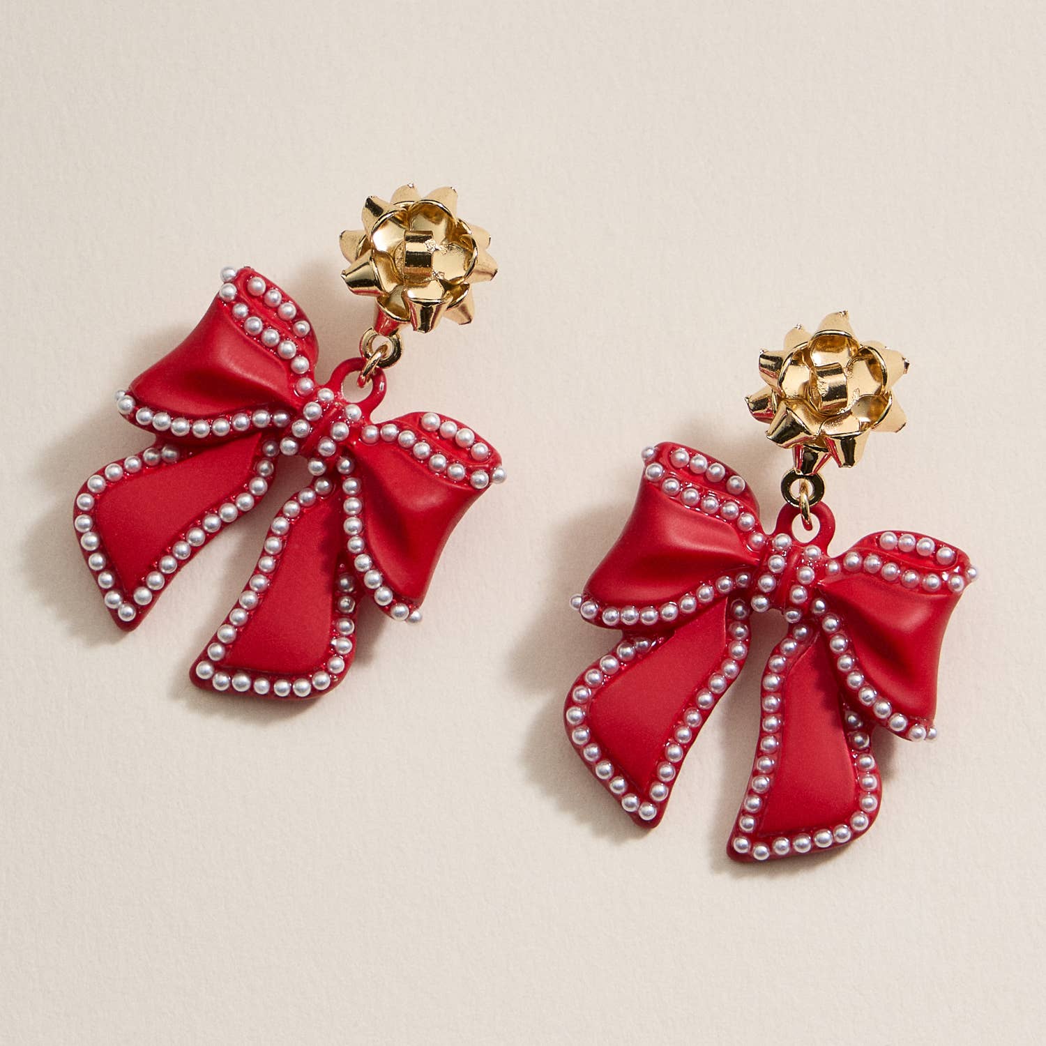 Christmas Bow Enamel Dangling Earrings: Red